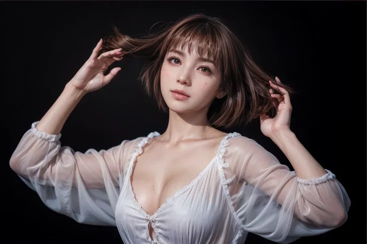 Kasumi, brown eyes, (best quality, ultra-detailed), (realistic:1.37), beautiful and detailed face, ultra-realistic texture, delicate face, delicate body, red lipstick, bright colors. High definition, 8K. with an expression of a slight cute smile