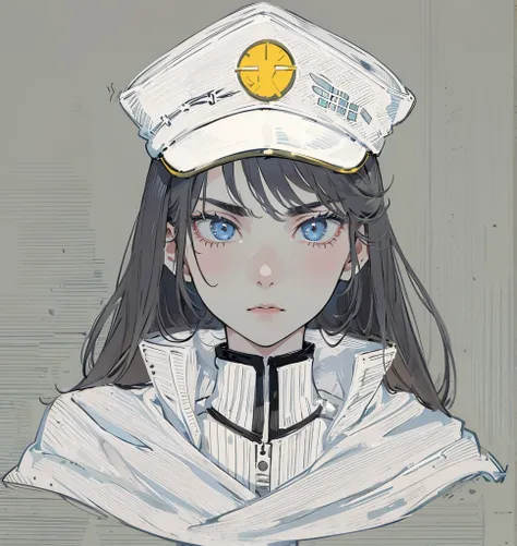 girl, with captains hat and white suit, imposing expression, rude expression, long black hair, captains cap