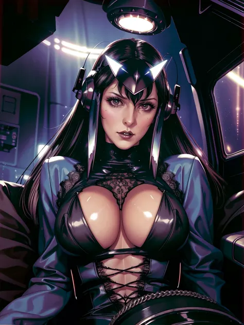 (((gothic vampire piloting) in gothic spacecraft)), (((retro anime))), ((from below)), ((120 fov)), ((((gothic)) control panels)), (((mature))), (((gothic))), (iridescent) bodysuit, ((((lace accessories)))), ((pilot seat)), ((((lying back)) pose)), (((eleg...