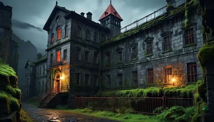 a prison whose reputation haunts local residents. The gray stone building, with rusty railings and high moss-covered walls, is known for its dark past and the restless souls that still roam the dark corridors. With a reddish background at night,PICTURE REA...