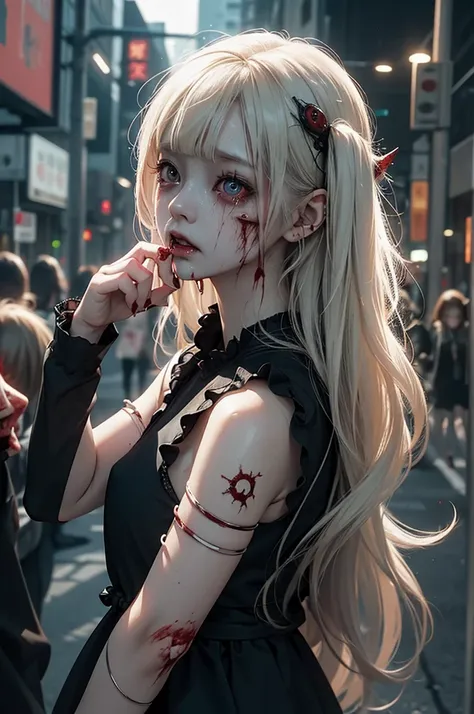 Highest quality, masterpiece, look up, cute,(Horror),(((Beautiful zombie girl))),Dead,Trying to bite,(((Bleeding,Injured))),(((Shedding tears of blood))),((口からBleeding)),((Covered in blood)),(Sexy),(sexy),((Small breasts)),Baby Face,(Middle school students...