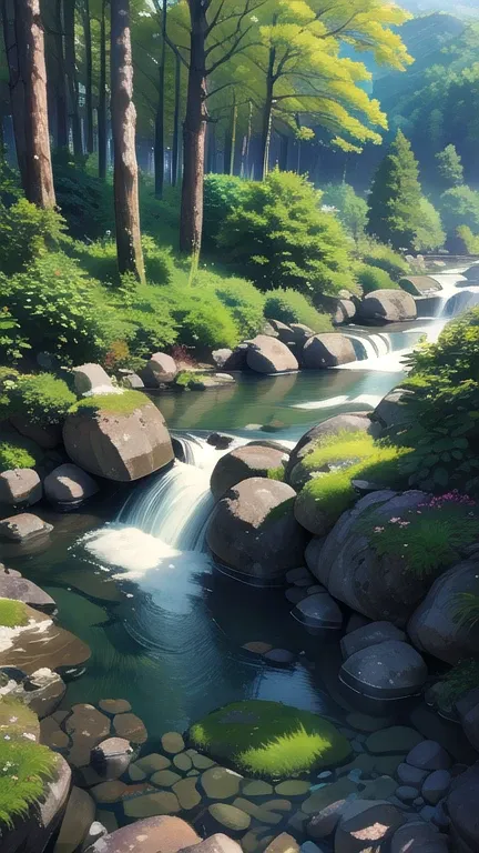 painting of a stream running through a lush green forest full of trees, detailed painting 4k, mountains river trees, anime lands...