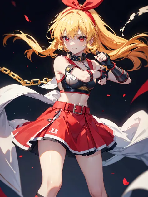 (RED Ribbon on HAIRband:1.2),A boyish female warrior with  yellow-white messy hair, wearing metal gauntlets, in a fighting stance, smiling, revealing clothing, small breasts, toned muscles, and a slender build  Electricity is emitted from both hands, sport...