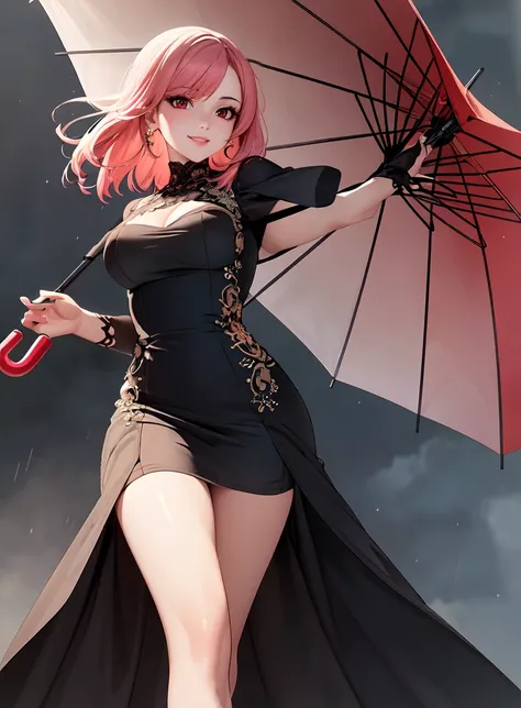 (masterpiece, best quality, perfect face, (beautiful and aesthetic:1.4), highest detailed face), 1girl, holding umbrella, looking at viewer, large breasts, dress, pink hair, red eyes, fullbody, smiling, from below, dark theme, rainy day, (elegant, intricat...