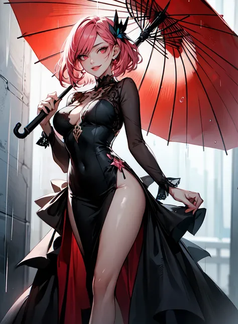 (masterpiece, best quality, perfect face, (beautiful and aesthetic:1.4), highest detailed face), 1girl, holding umbrella, looking at viewer, large breasts, dress, pink hair, red eyes, fullbody, smiling, from below, dark theme, rainy day, (elegant, intricat...