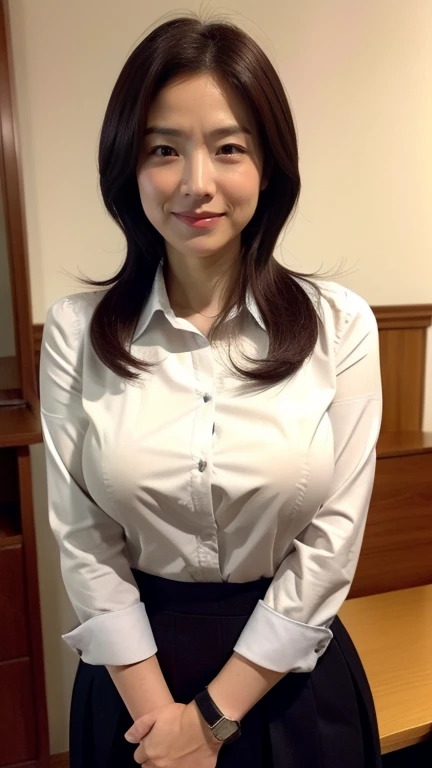 ((最high quality、8k、masterpiece:1.3))、Realistic, Sharp focus, high quality, High resolution, alone, Japanese, 優しいsmile,Middle-aged women,36 years old, ((Big Breasts)), ((Big Ass 1.3))、Medium Long Hair, Wrinkles around the eyes, recruit、Tight Skirt、blouse、cl...