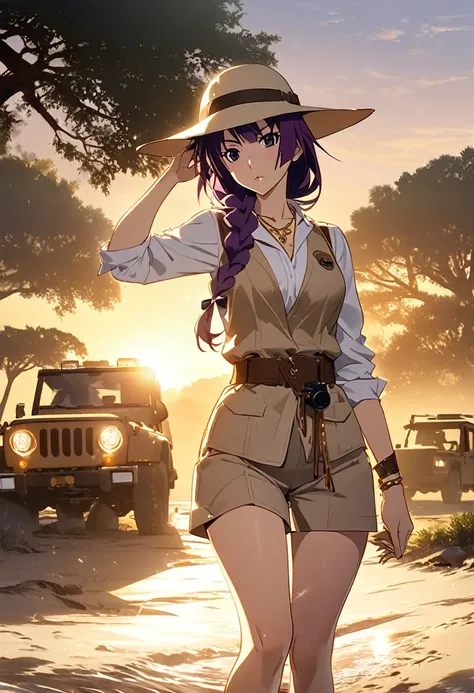 1girl, Senjougahara Hitagi, monogatari (series), masterpiece, best quality, absurdres, warm safari sunlight, safari luxury style, high-end adventure fashion, elegant explorer pose, luxurious safari lodge setting, purple hair clothing:

High-quality khaki s...