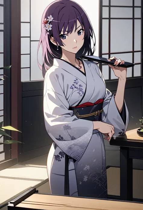 1girl, Senjougahara Hitagi, monogatari (series), masterpiece, best quality, absurdres, soft natural lighting, Japanese modern style, contemporary Japanese fashion, Elegant Pose, minimalist Japanese interior setting, purple hair clothing:

Modern kimono-ins...