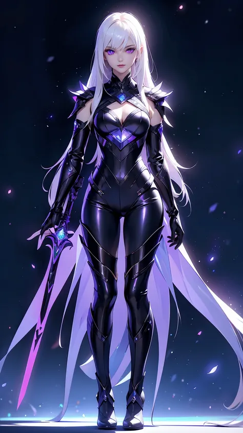 ((Best Quality)), ((Masterpiece)), ((Realistic)) slender, cute girl with medium-length white hair and vibrant purple eyes. She wears a tight-fitting, sleek suit with high-tech boots and chestplates. The outfit includes matching vambraces, all in a futurist...