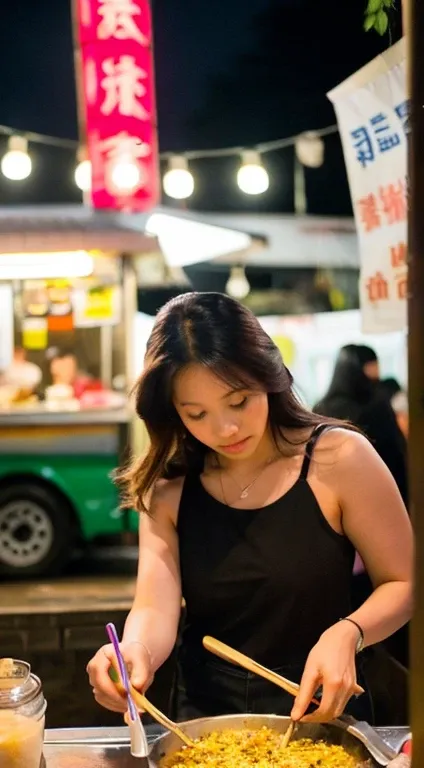 image of a beautiful, slightly plump and voluptuous thai woman with long hair tied in a ponytail cooking fried rice at a street ...