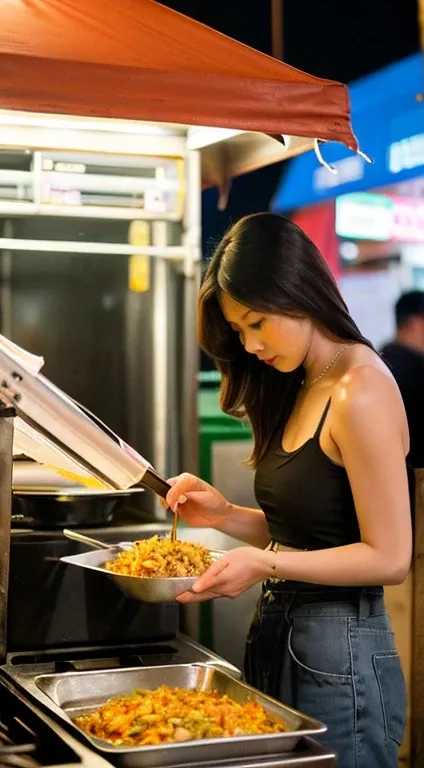 image of a beautiful, slightly plump and voluptuous thai woman with long hair tied in a ponytail cooking fried rice at a street ...