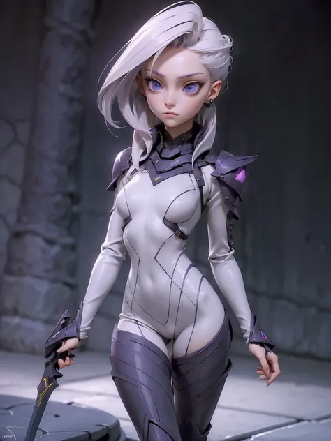 ((Best Quality)), ((Masterpiece)), ((Realistic)) slender, cute girl with medium-length white hair and vibrant purple eyes. She wears a tight-fitting, sleek suit with high-tech boots and chestplates. The outfit includes matching vambraces, all in a futurist...