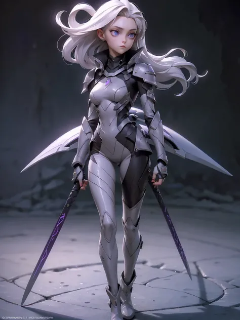 ((Best Quality)), ((Masterpiece)), ((Realistic)) slender, cute girl with medium-length white hair and vibrant purple eyes. She wears a tight-fitting, sleek suit with high-tech boots and chestplates. The outfit includes matching vambraces, all in a futurist...