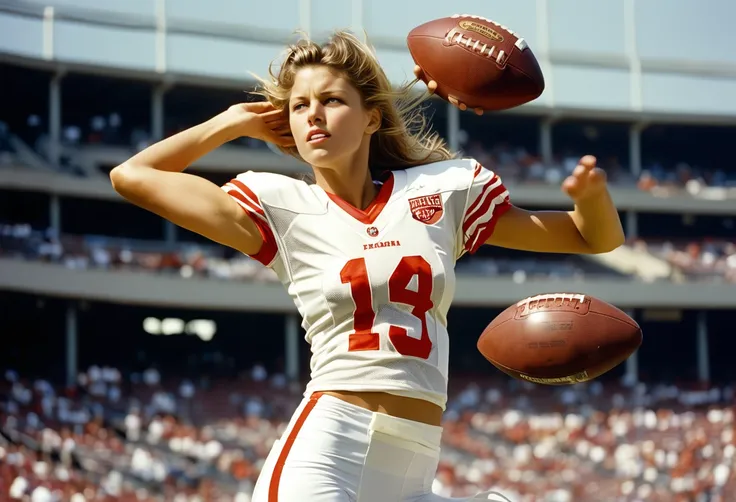 Photo, Closeup female quarterback throwing a football, midriff. Style by J.C. Leyendecker, Canon 5d Mark 4, Kodak Ektar, 35mm