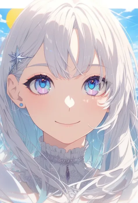 Masterpiece, best quality, very aesthetic, 1girl, smile, white hair, blue eyes, anime illustration, pastel colors, detailed, portrait, scenery, sun