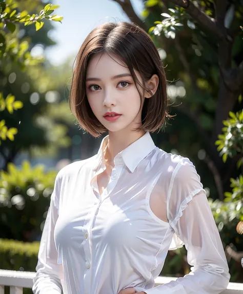 ((best quality, 8k, masterpiece :1.3)), sharp focus :1.2, pretty girl with perfect body :1.4, slim abs :1.2, ((layered haircuts, big bust :1.2)), (Wet white button-up long shirt :1.3), (rain, distance:1.2), wet body :1.5, Highly detailed face and skin text...