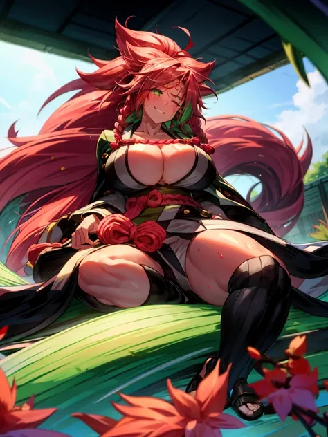 8k high definition, Mitsuri Kanroji, pink hair, green hair, braids, huge natural breasts, seductive pose, shy embarrassed smile, black kimono, fists