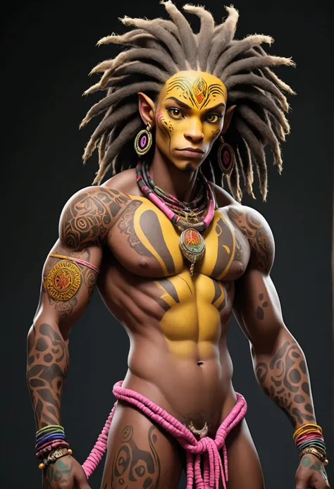 full body view with depth An epic a scaly skin, Rasta style hair out there, he wears a cord with mystical symbols, female sex a woman with old breasts illustration of a dark Entity. A tall humanoid muscular figure with unusual features such as pink, plaste...