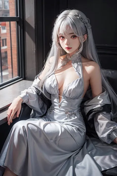 1 female, silver hair, Red eyes, old dress