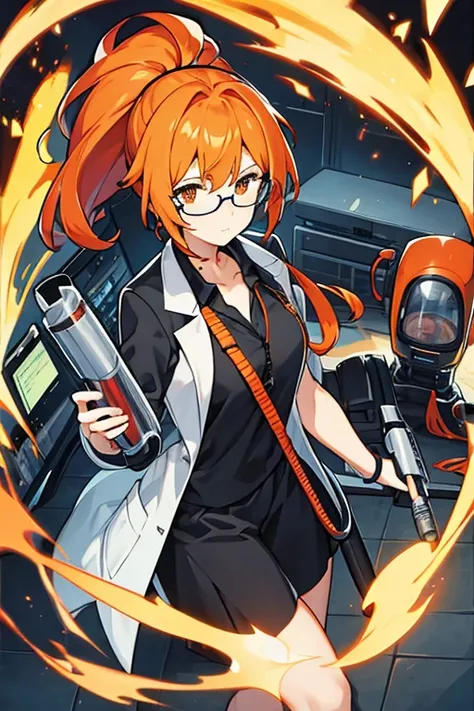 women, orange ponytail hair, glasses, black shirt, lab coat, with a vacuum cleaner, paranormal investigator 