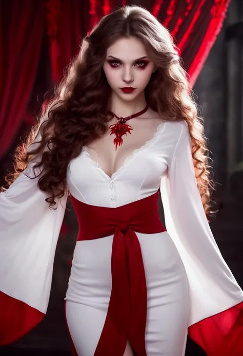 Adorable and innocent face, fair skin, long wavy hair, slender European young succubus woman, pure white and blood red color themed sexy outfit