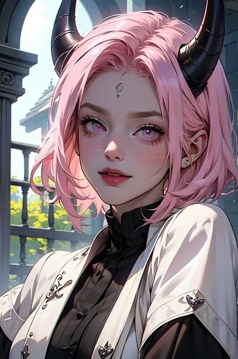 butler outfit, short pink hair, hypdertailed, purples eyes, ashen skin, demon, claws, goat horns, bangss, gothic art, full body ...