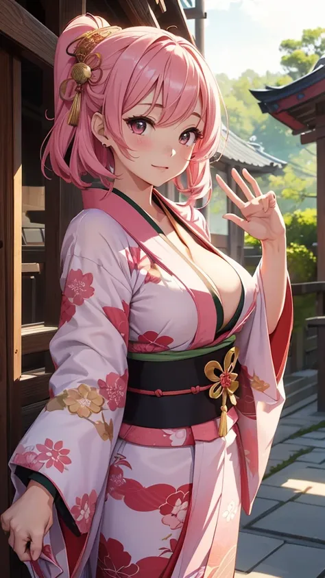 Gal、Sengoku period、Wearing a kimono、Upper Body、cute、Pink Hair、Emphasize large breasts、Waving、Around 25 years old、Anime style illustrations