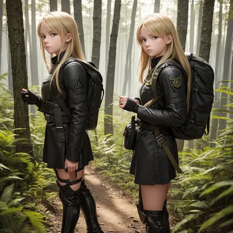 Young blonde adventurer girl, wearing a black military uniform and armor, carrying a large backpack filled with various items. She stands in a forest, looking determined and adventurous, with a hint of curiosity in her eyes