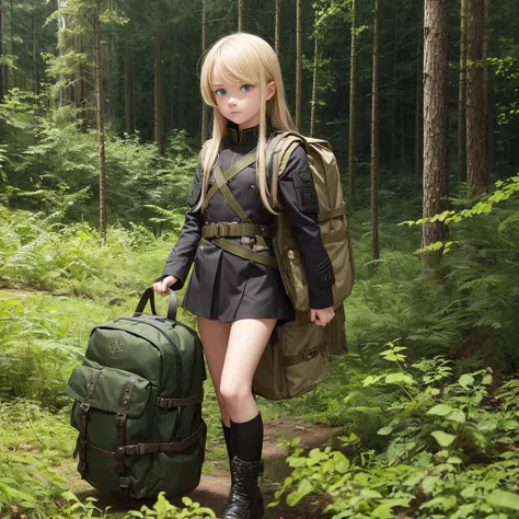 Young blonde adventurer girl, wearing a black military uniform and armor, carrying a large backpack filled with various items. She stands in a forest, looking determined and adventurous, with a hint of curiosity in her eyes