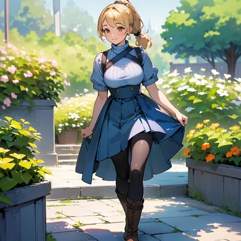 (high quality, High resolution, Very detailed, reality:1.37), Peaceful atmosphere, (Outdoor, garden), Teenage girl standing alone, (my breasts are big.), Beautiful details, Cute Smile, (Blonde Ponytail), Short sleeve ribbed sweater, Blue Skirt, Black tight...