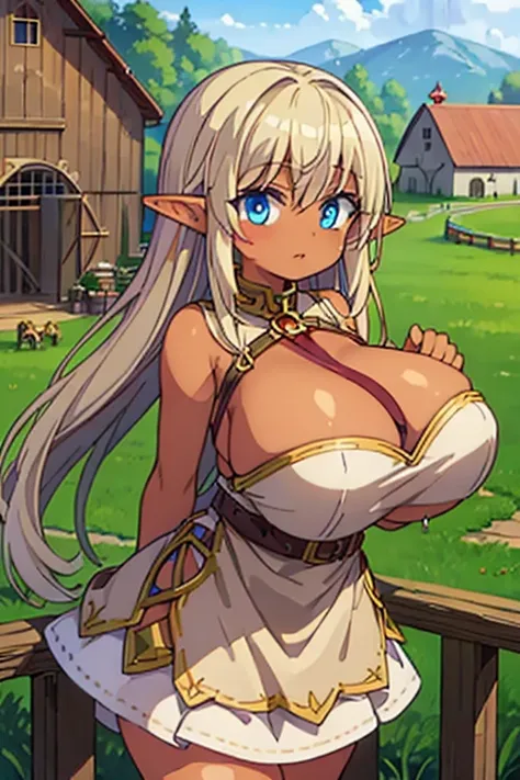 (tanned elf:1.2), (high fantasy slave outfit beige torn dress:1.2), (farm barn:1.2), (high resolution:1.2), (huge tits:1.2)