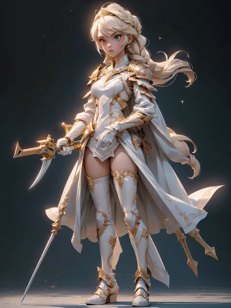 (((masterpiece, best quality, high detailed, 8k))) Design a layout showcase Gaming character, (1girl). Gold|White clothes, stylish and unique. ((showcase weapon:1.4)), celestial bow. (masterpiece:1.2), (best quality), 4k, ultra-detailed. (Step by step desi...