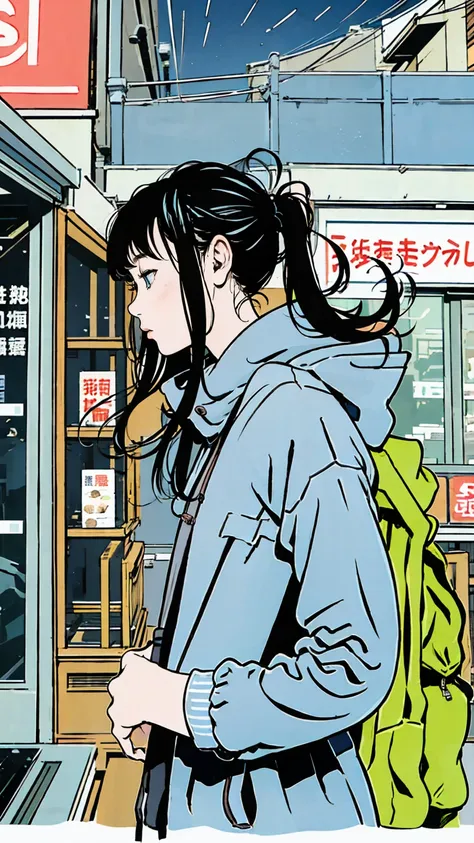 in front of a convenience store at night、lawson、girl、whole body、front、blue hoodie、black hair、long hair、