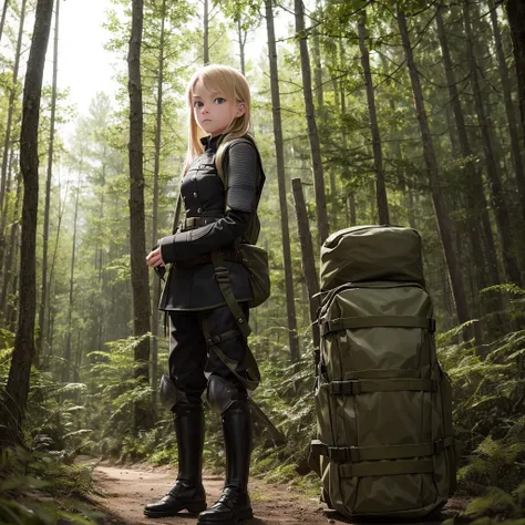 Young blonde adventurer girl, wearing a black military uniform and armor, carrying a large backpack filled with various items. She stands in a forest, looking determined and adventurous, with a hint of curiosity in her eyes, solo