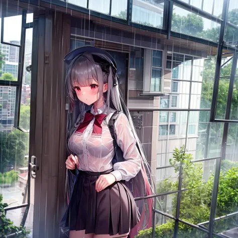 best quality, high resolution, absurd, extremely detailed, bell house_(captain), 1 girl, long_hair, skirt, solitary, shirt, rain...