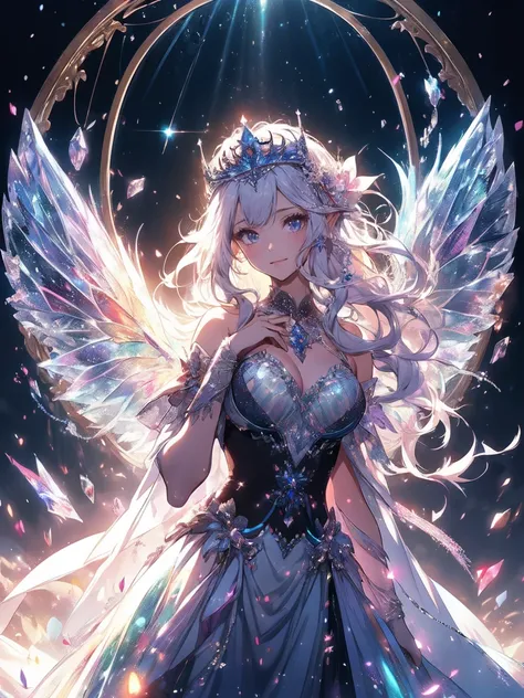 最high quality、One female elf filling the entire front screen、iceの女神、iceのドラゴン、(( cowboy shot ))((see-through ice  dress))((low angle1.5 ))、beautiful瞳、tears、brassiere、、,iceのbeautiful装飾のティアラ、((Ice tiara))Crystal of snow、ice、最high quality , fractal art.、　虹colo...