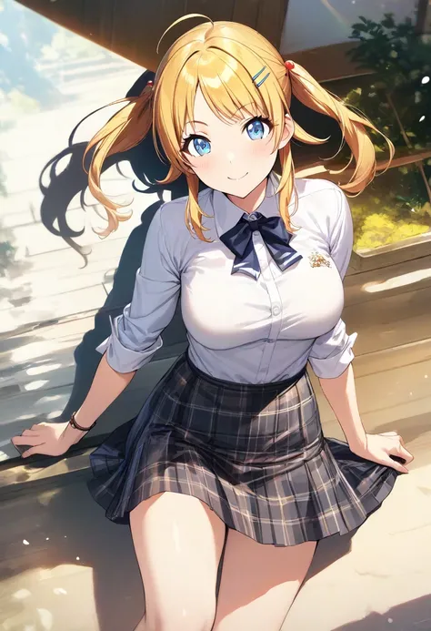 (masterpiece), (best quality), (ultra-detailed), (best illustration), (best shadow), (absurdres), (detailed background), (very aesthetic), meguru hachimiya, 1girl, blonde hair, skirt, solo, blue eyes, hair ornament, smile, plaid, breasts, twintails, plaid ...