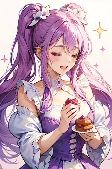 A powdered donut with happy, closed eyes and a opened mouth. She has dollops of purple cream on each side of her head, resembling pigtails held with light violet cream bows. Raspberry jam seeps out from her left. SPARKLE; GLITTER