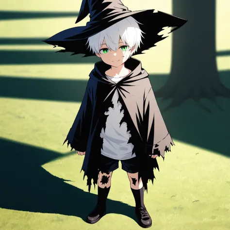 1 boy, standing alone, cute, short white hair, wizard hat, close up, shadowed face, (tattered garments:2.0), Big Shirt, Shorts, black thighighs, xpressivo, relaxante, cheerful eyes, Scenario, natta, Depth of field, work of art, best qualityer