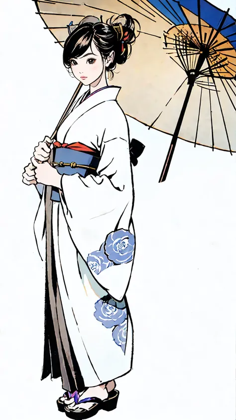 a geisha in a kimono holding a japanese parasol, full body view, beautiful detailed eyes, beautiful detailed lips, extremely detailed face, long eyelashes, highly detailed, 8k, masterpiece, hyper realistic, photorealistic, dramatic lighting, vibrant colors...