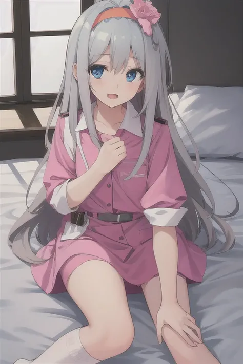 (((Best quality))), ((Ultra-detailed)), ((illustration)), ((Disheveled hair)), ((frilld)), (1 girl),(Solo),,hat,,indoors,,looking_at_viewer,,on_bed,,open_mouth,,rating:safe,,pink_nurses_uniform,,White_knee-length_socks,,orange_hairband,,Support_with_both_h...