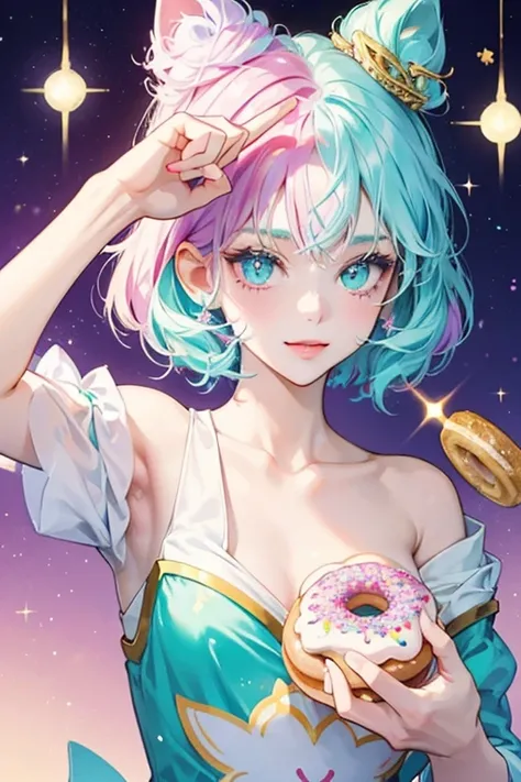 A pale donut girl cat with a winking eye. She has white icing on top of her head adorned with light green, sky blue, violet, fuchsia, and gold sprinkles. SPARKLE; GLITTER