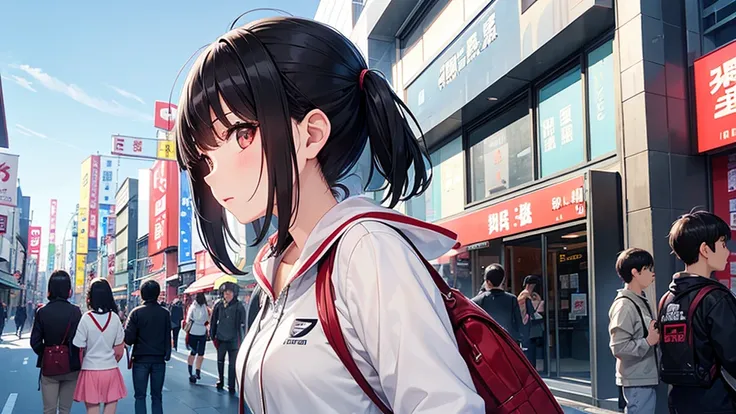 A girl with detailed black hair, wearing headphones, is depicted traveling through Nankai Namba in Osaka. Only her upper body is shown, with her face turned to the side