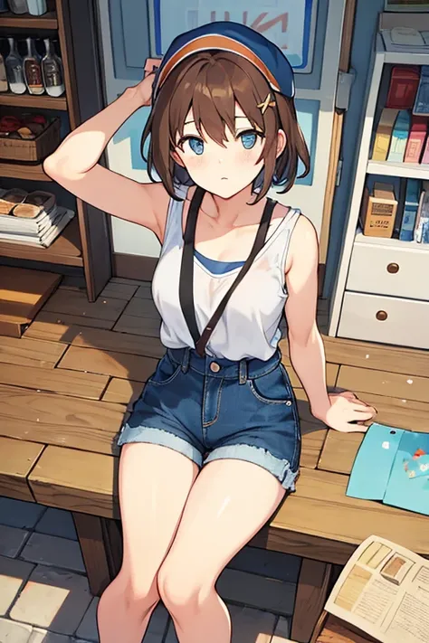 women, short brown hair, blue cap, white sleeveless shirt, denim mini shorts, black tights, from escapist 