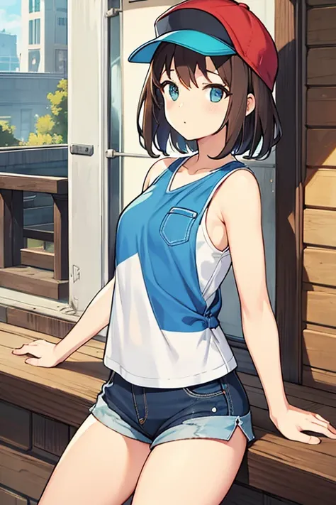 women, short brown hair, blue cap, white sleeveless shirt, denim mini shorts, black tights, from escapist 