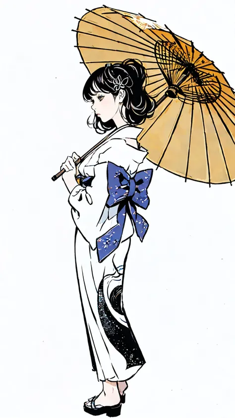 a geisha in a kimono holding a japanese parasol, full body view, beautiful detailed eyes, beautiful detailed lips, extremely detailed face, long eyelashes, highly detailed, 8k, masterpiece, hyper realistic, photorealistic, dramatic lighting, vibrant colors...