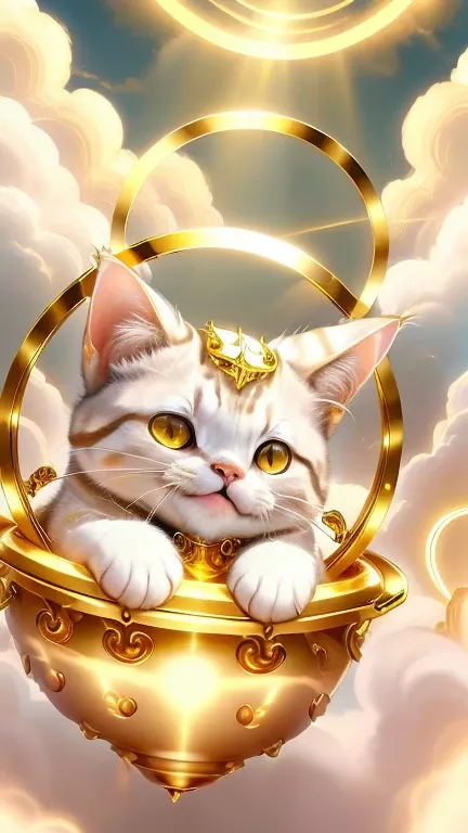 god々Cute cat１animal、Gold Aura,Looking into the camera、Look at this、Background gold、Floating in the clouds