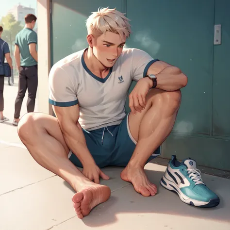 school sports boy showing smelly 
feet in public