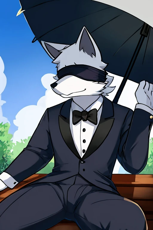 white man wolf, a blindfolded eye, with tuxedo , with a black umbrella