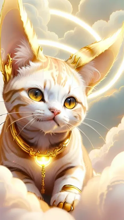 god々Cute cat１animal、Lucky cat gold aura,Looking into the camera、Look at this、Background gold、Floating in the clouds